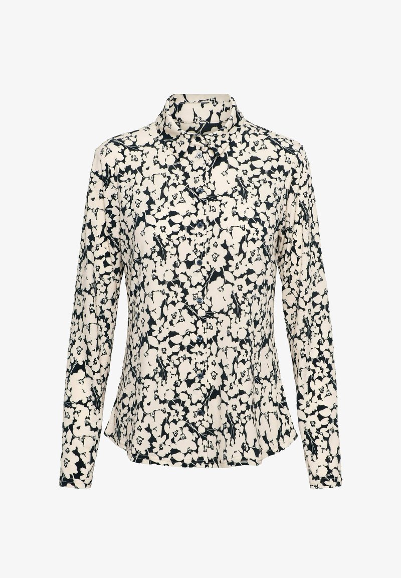 Langharige shirt in crème met een zwart bloemenpatroon, voorzien van een kraag en knoopsluiting, gemaakt van lichtgewicht, gestructureerde stof.
