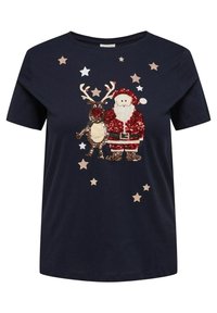 Marint t-shirt med paljetter i form av jultomte och renar, med glittrande stjärnor i guld och silver. Mjuk bomullstyg, avslappnad passform.