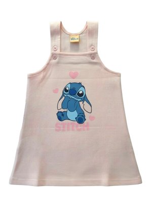 Vestitino rosa chiaro per bambino piccolo con spalline, con il personaggio dei cartoni animati blu Stitch, cuori rosa e la scritta "STITCH" sotto.
