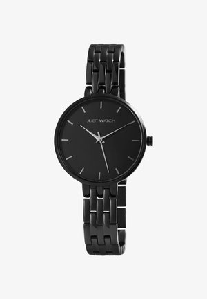 Schwarze Armbanduhr mit rundem Ziffernblatt, silbernen Stunden- und Minutenzeigern und einem polierten schwarzen Metallarmband mit rechteckigen Gliedern.