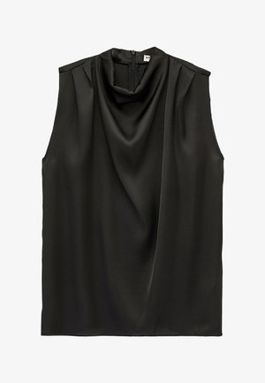 Blusa negra sin mangas con escote drapeado y cierre de cremallera oculto en la espalda.