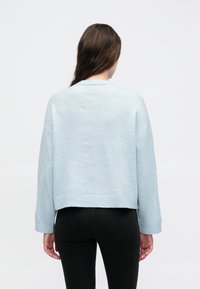 Lyseblå strikket genser med kortere design, vide ermer og ribbestrikket kant. Brukt med svarte, tettsittende bukser, sett bakfra.