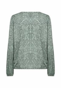 Zelená blúzka s dlhým rukávom so vzorom paisley v čiernej farbe, s voľným strihom a elastickými manžetami pre lepšie pohodlie.