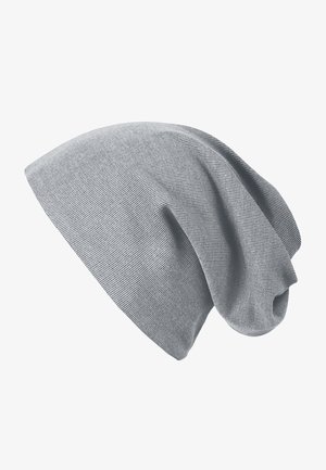 Gray knit beanie hat with a relaxed fit, featuring fine horizontal stripes and soft texture, designed for warmth and comfort.