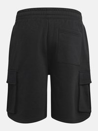 Shorts cargo noirs avec taille élastique, comprenant une poche arrière et deux poches latérales à rabat.