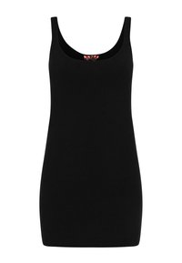 Schwarzes Tanktop mit einem Rundhalsausschnitt, aus glattem Stoff gefertigt, mit breiten Schulterträgern und einer taillierten Silhouette.
