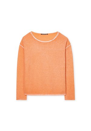 Orange long-sleeve top with a rounded neck, featuring white stitching accents, a relaxed fit, and a textured, lightweight fabric.