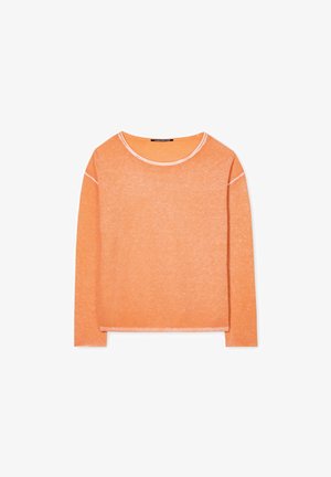 Orange long-sleeve top with a rounded neck, featuring white stitching accents, a relaxed fit, and a textured, lightweight fabric.