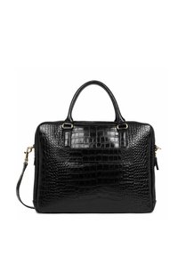 Borsa in pelle nera con effetto coccodrillo, hardware dorato, doppio manico e tracolla removibile. Chiusura con zip e tasca frontale.