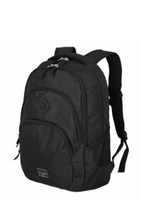 Schwarzer Rucksack aus strapazierfähigem Material, ausgestattet mit mehreren Reißverschlussfächern, Netzseitentaschen und gepolsterten Trägern für zusätzlichen Komfort.