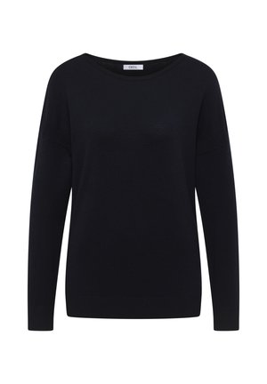 Suéter negro de manga larga fabricado con un material de punto suave. Presenta un escote amplio, un corte relajado y puños y dobladillo acanalados.