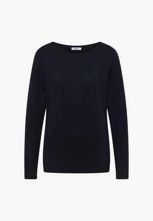 Schwarzer Pullover mit langen Ärmeln aus einem weichen Strickmaterial. Hat einen weiten Ausschnitt, eine lässige Passform sowie gerippte Bündchen und Saum.