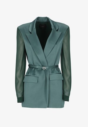 Blazer color petrol con corpo in satin e maniche trasparenti, silhouette aderente, revers appuntiti, vita con cintura e due tasche anteriori. Accentazione in hardware tono argento.