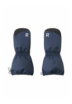 Granatowe rękawice z czarnym wierzchem, elastycznymi mankietami i odblaskowym logo. Gładka tkanina zewnętrzna z dopasowanym fasonem i bezpiecznymi klipsami.