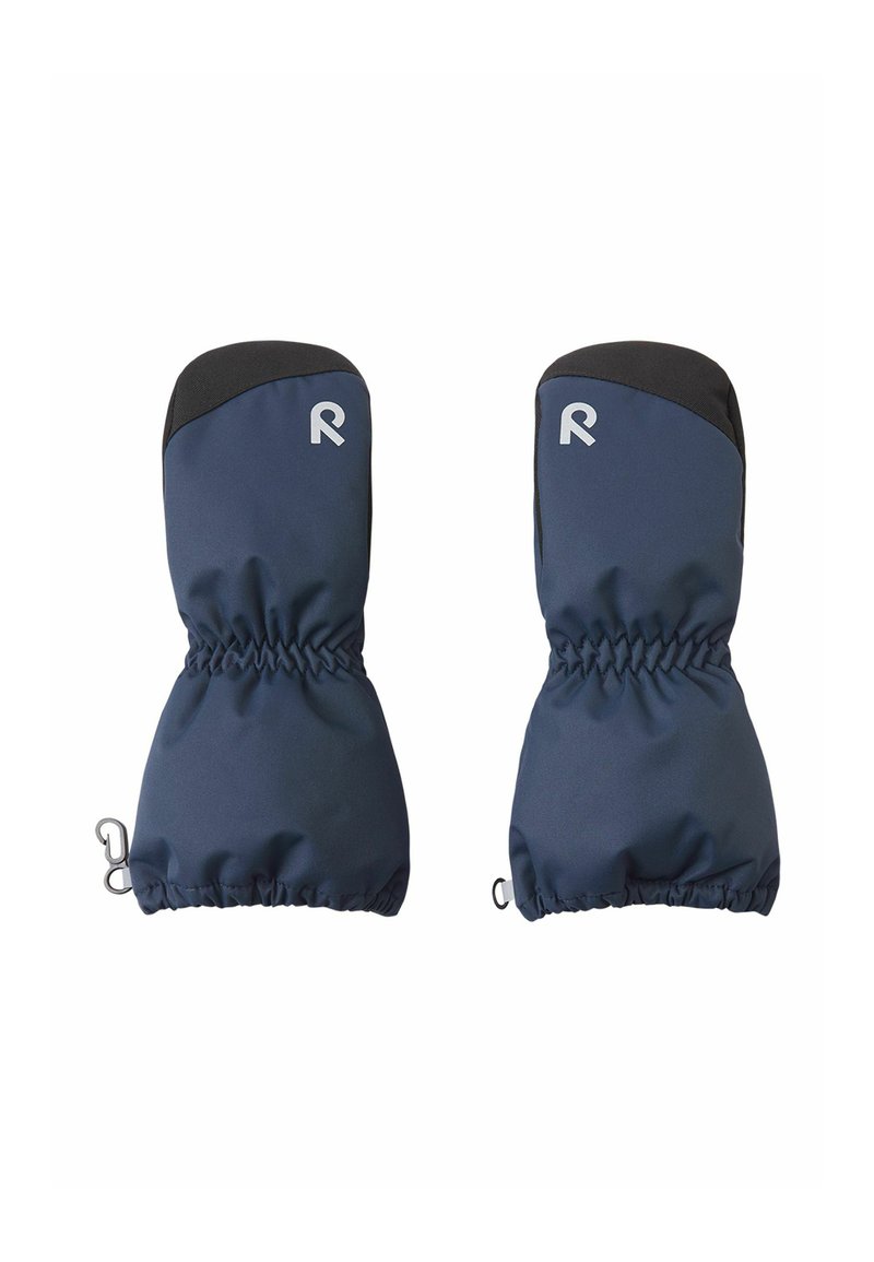 Marineblaue Handschuhe mit schwarzem Oberteil, elastischen Bündchen und einem reflektierenden Logo. Glattes Außenmaterial mit einem enganliegenden Design und sicheren Clips.