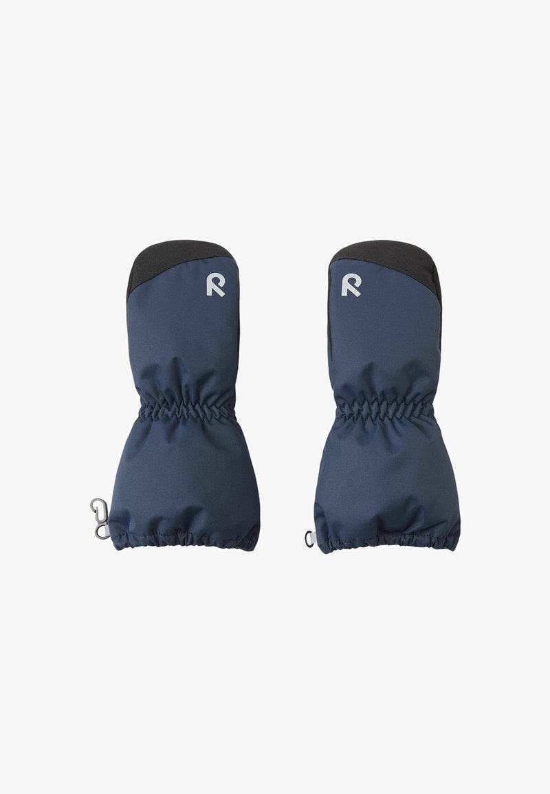 Marineblaue Handschuhe mit schwarzem Oberteil, elastischen Bündchen und einem reflektierenden Logo. Glattes Außenmaterial mit einem enganliegenden Design und sicheren Clips.