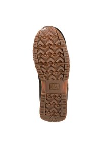 Gummiyttersida med djupa spår och ett strukturerat mönster för grepp. Har en tan-färg. Halka-fri design avsedd för utomhusbruk.