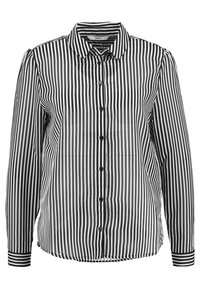 Black and white striped long-sleeve button-up shirt with a collar, featuring a glossy texture and a rounded hem.