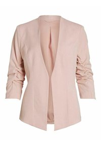 Ljust rosa blazer med en slem, öppen frontdesign, rynkade ärmar och en slät tygtextur. Inga synliga knäppningar eller dekorationer.