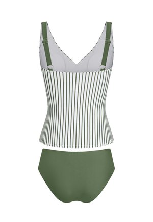 Costume da bagno due pezzi con slip a vita alta verde oliva e top tankini bianco con strisce verticali verde oliva e spalline regolabili.