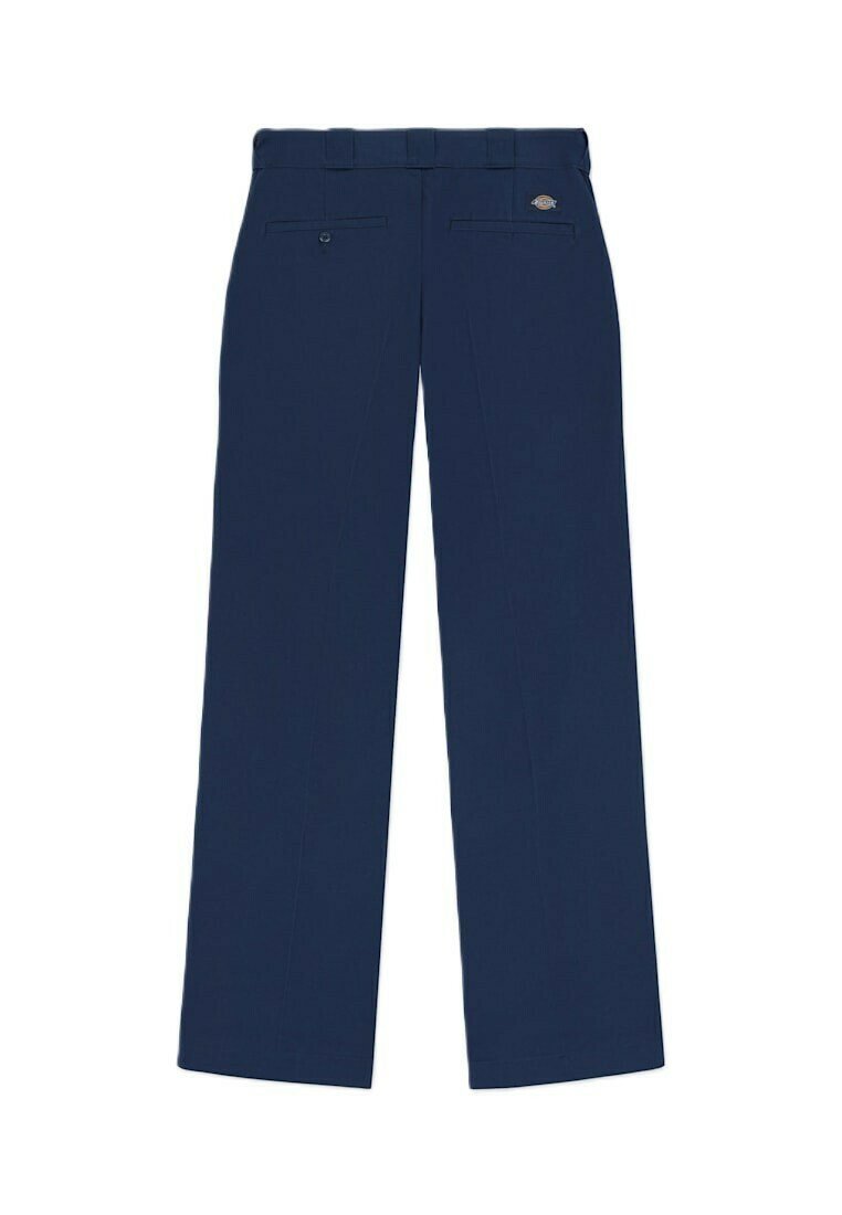 Navy blue straight-leg pants with back buttoned and welt pockets, belt loops, and a small logo patch on the right side.