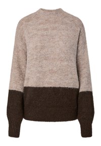Pull en maille brun clair avec un large ourlet brun foncé. Il présente un col côtelé et des manches longues, fabriqué dans un matériau texturé et doux.