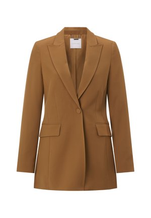 Einzelknopf, kamelfarbener Damenblazer mit Kerbkragen und zwei vorderen Pattentaschen, taillierte Passform.