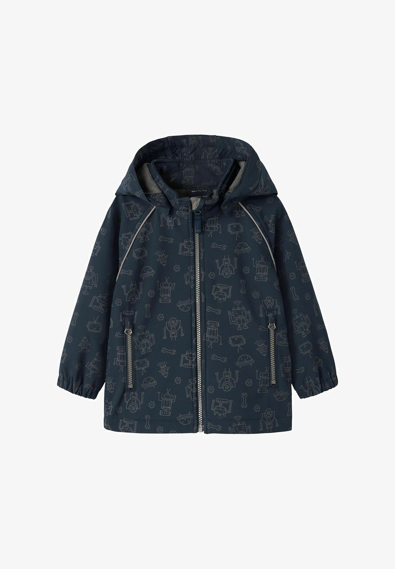 Veste à capuche bleu marine pour enfants avec dessins en lignes de robot et outils, fermeture éclair devant, deux poches zippées et poignets élastiqués.
