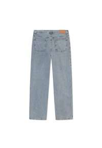 Light blue denim jeans with a straight-leg cut, featuring two back pockets and a leather patch on the waistband. Finished edges.