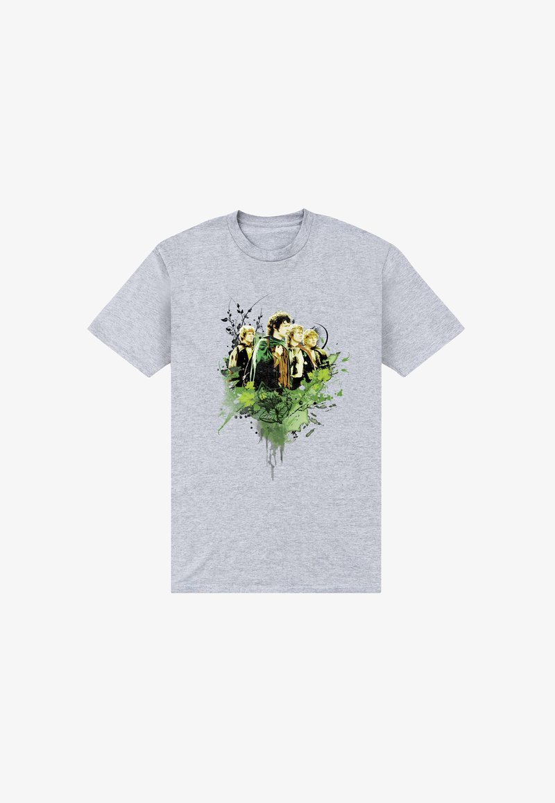 Graues T-Shirt mit einer Grafik von vier mittelalterlichen Fantasy-Charakteren mit Umhängen, umgeben von grün-schwarzen abstrakten Pflanzenmustern.