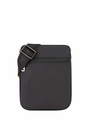 Sac bandoulière rectangulaire noir avec sangle réglable, poche zippée et nom de marque subtil "Valentino" sur le devant.