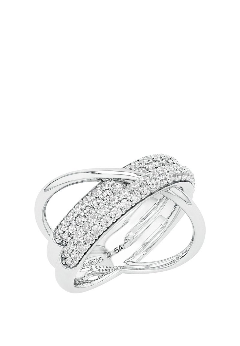 Silverring med en sammanflätad design som har två rader av klara kristaller infällda i en polerad band, vilket ger ett elegant och modernt utseende.