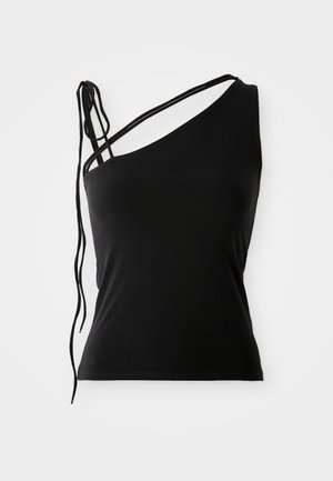 Schwarzes ärmelloses Oberteil mit einem schulterfreien Design, ausgestattet mit einem schmalen Träger mit Bändern und einer taillierten Silhouette. Glatter, dehnbarer Stoff.