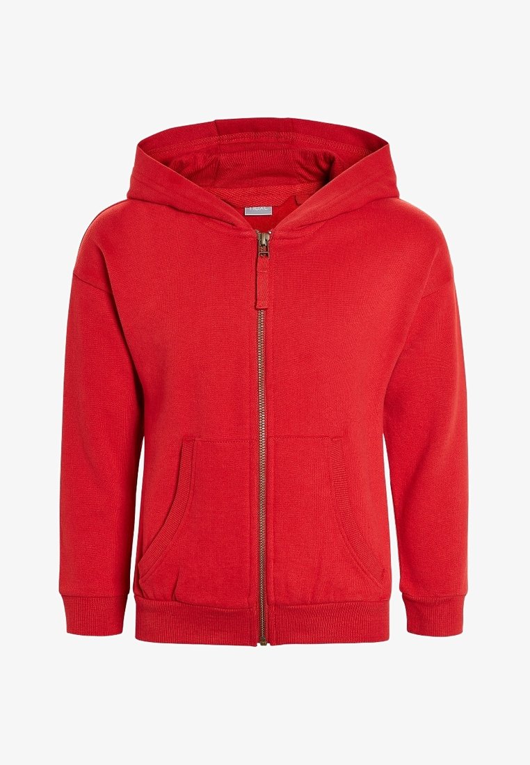 Sweat à capuche rouge à fermeture éclair complète avec poches kangourou à l'avant et poignets et ourlet côtelés, présenté sur un fond blanc.