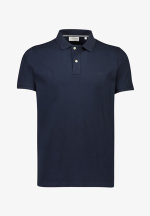 Marineblaue Polo-Shirt aus Baumwolle mit klassischem Kragen, zwei Knöpfen und gesticktem Logo auf der Brust. Kurzarm.
