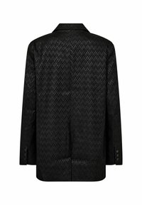 Black blazer featuring a textured geometric pattern, notched lapel, and button accents on the sleeves. Back view displayed.