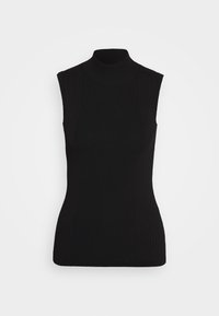 Zwarte mouwloze turtleneck top met een geribbeld textuur, een aansluitend ontwerp en een hoge halslijn, met een naadloze afwerking langs de randen.