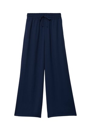 Navyblauwe broek met wijde pijpen, elastische tailleband en trekkoord, losse pasvorm, weergegeven op een effen witte achtergrond.