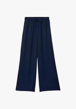 Pantalon large bleu marine avec taille élastique et cordon de serrage, coupe ample, présenté sur un fond blanc uni.