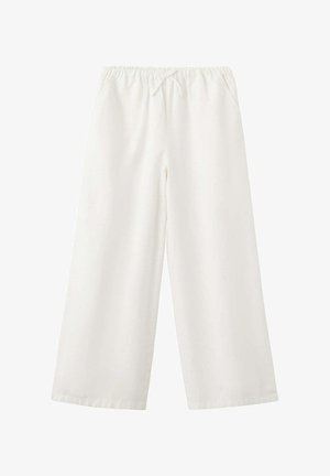 Pantalon blanc à jambes larges avec taille élastique et cordon à l'avant, doté de poches latérales et d'une coupe décontractée.