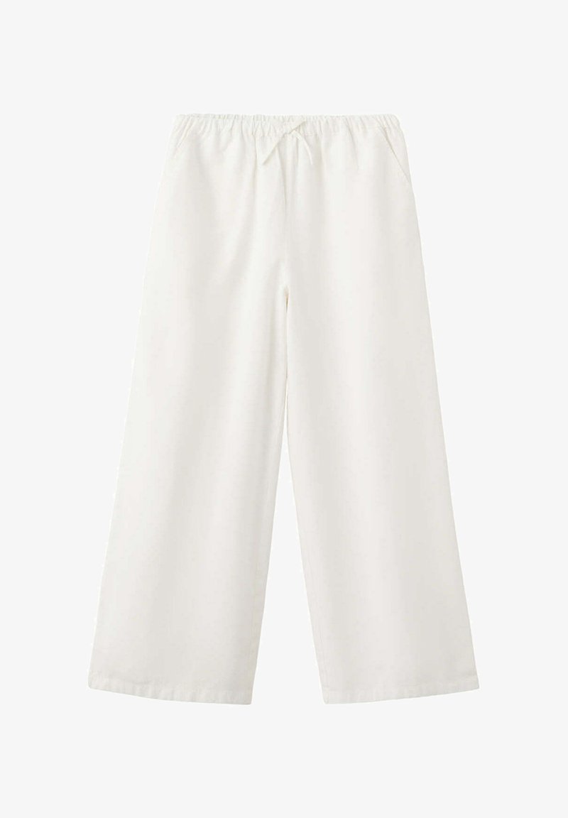 Pantalon blanc à jambes larges avec taille élastique et cordon à l'avant, doté de poches latérales et d'une coupe décontractée.