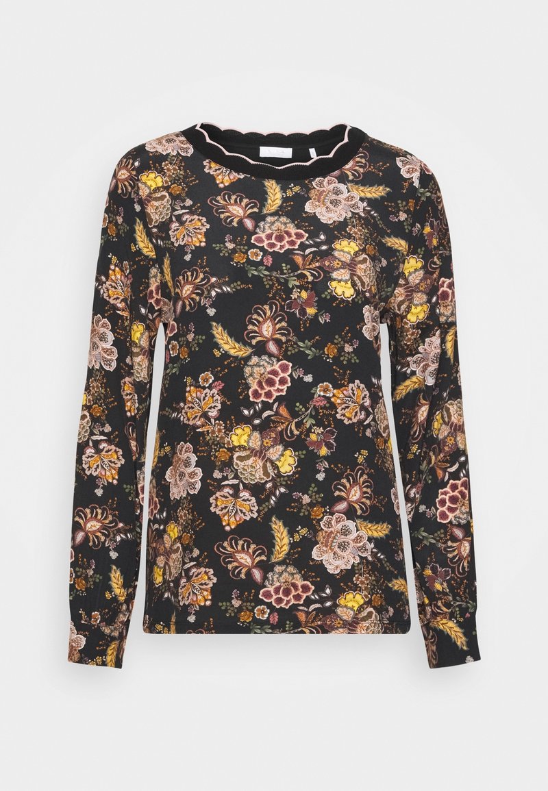 Schwarz langärmliges Shirt mit einem bunten Blumenmuster in Gelb-, Pink- und Grüntönen sowie einem gewellten Halsauschnitt.