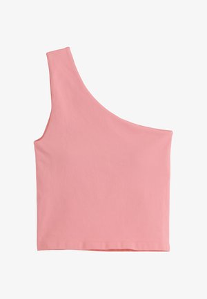 Rosa gefärbtes, schulterfreies, bauchfreies Tanktop mit einem breiten Träger auf der linken Seite und einem geraden Saum.