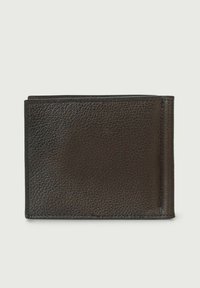 Portafoglio in pelle nera con superficie texturizzata, design a due pieghe e cuciture a vista. Caratteristiche includono bordi arrotondati e forma compatta.