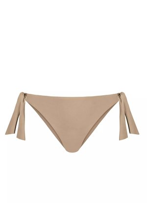 Beżowe majtki bikini z wiązaniami po bokach, o gładkiej fakturze i minimalistycznym wzornictwie. Brak wzorów i dodatków.