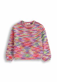 Wielokolorowy sweter z okrągłym dekoltem. Posiada żywy wzór w odcieniach różu, fioletu, zieleni i pomarańczu. Długie rękawy i prążkowane ściągacze.