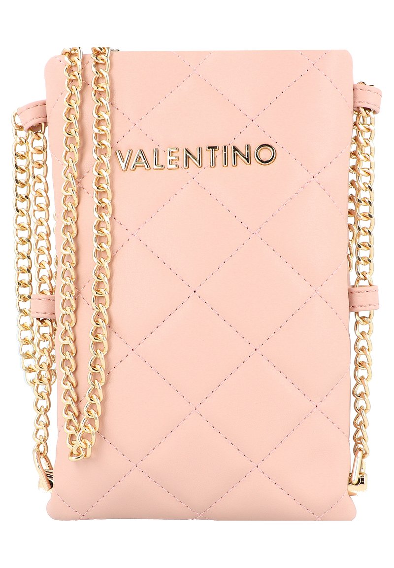 Quilted pink leather crossbody bag featuring a gold chain strap and a metallic "VALENTINO" logo at the front. Rectangular shape; smooth texture.