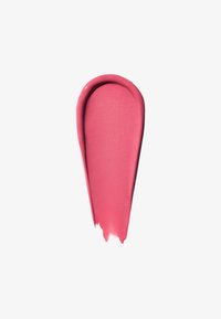 Pink lipstick smear with smooth texture and slight shine on a white background.