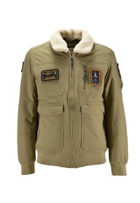 Giacca bomber khaki con colletto in finta shearling, multiple tasche e toppe con la scritta "LEADER" e altri distintivi.