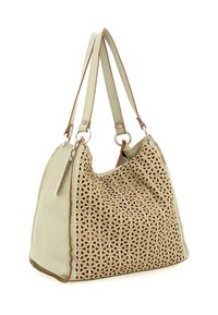 Borsa a tracolla in pelle verde chiaro con design perforato beige, dettagli in cucitura marrone e doppie spalline per il trasporto. Presenta un'etichetta.